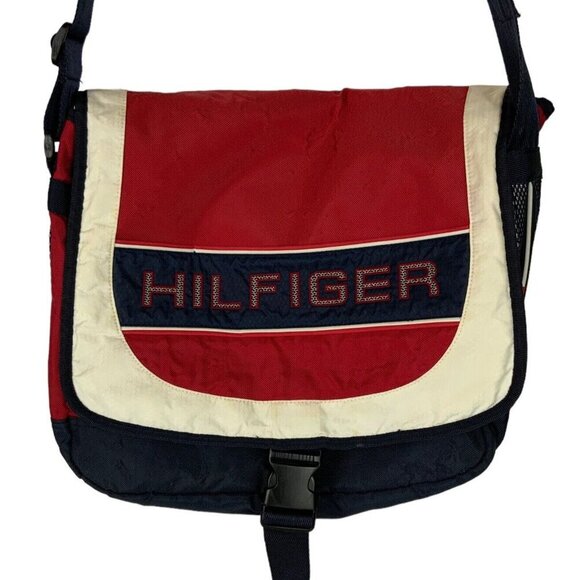 Vintage Tommy Hilfiger Messenger Book Bag Red Blue Spellout Patriotic - Picture 1 of 10